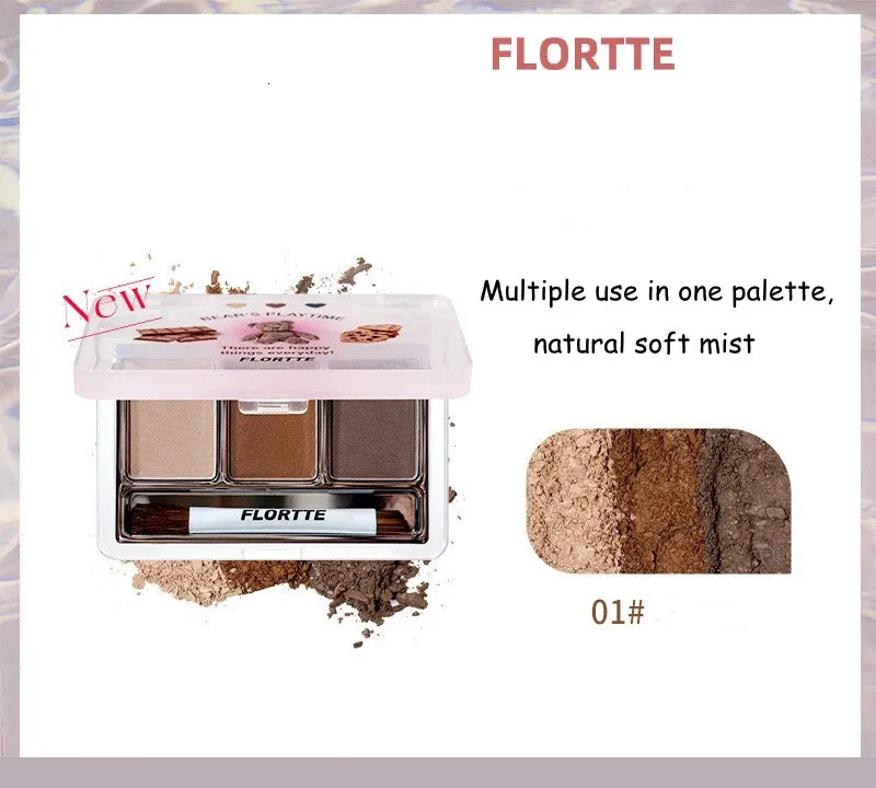 Eyebrow Enhancers Flortte Beauty 3-Color Eyebrow Powder Bears vattentäta smutssäkra långlastande ögonbryn Makeup Cosmetic 231031