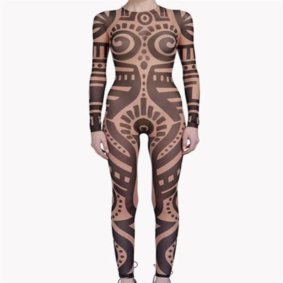 Summer Women VintageTribal Tattoo Print Mesh Jumpsuit Curvy African Runway Sheer Bodysuit Celebrity Jumpsuit Catsuit325m