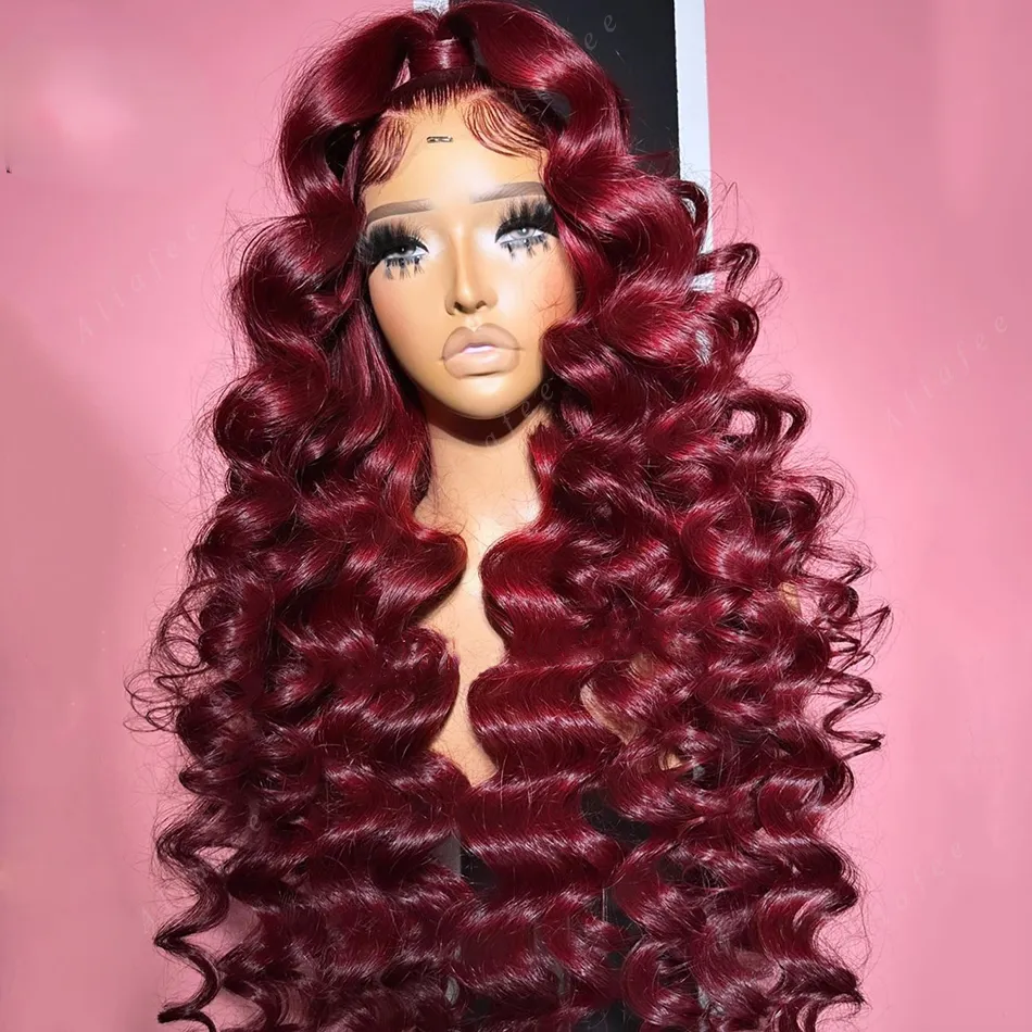 Perruque Lace Front Wig synthétique rouge bordeaux 99J, cheveux naturels, Deep Wave, 13x4, transparent HD, 40 pouces, avec Closure