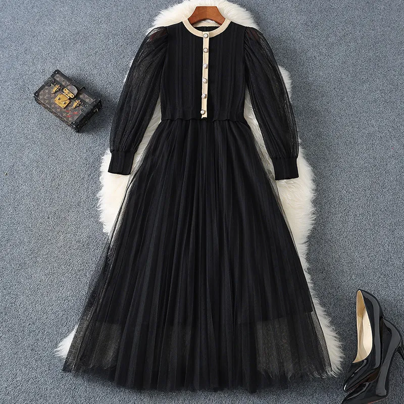 2023 New Autumn Black Long Sleeve Round Neck Casual Dresses Single-breasted buckle Knitting Splicing Mesh A-Line Mid-Calf Dresses