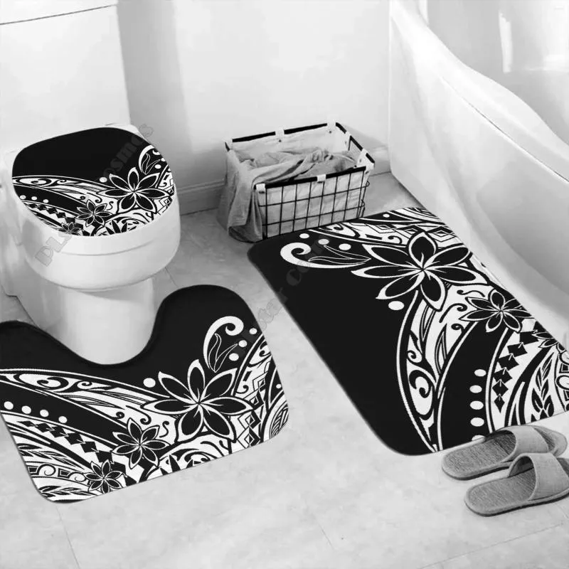 Capas de assento no banheiro Conjunto de casas polinésia preto e branco banheiro tribal 3D Printd Pedestal Tapete de tampa da tampa do tapete de banho