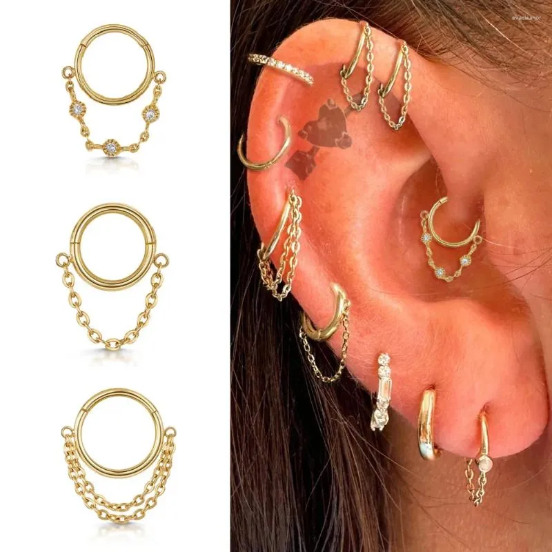 Brincos de argola 1 peça de aço inoxidável simples piercing de septo anéis de nariz mulheres com corrente cor dourada tragus rook joias para orelha