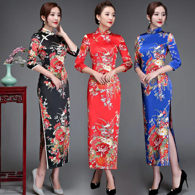 Casual Dresses Old Shanghai Elegant Women Satin Qipao Slim 3/4 Sleeve Long Dress Traditional Chinese Mandarin Collar Cheongsam Vestidos 230331