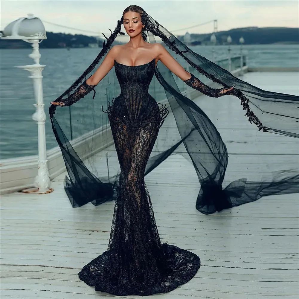 black strapless mermaid formal dress Satin Strapless Long Prom Dress with Mermaid Skirt Black / 8 main image 1