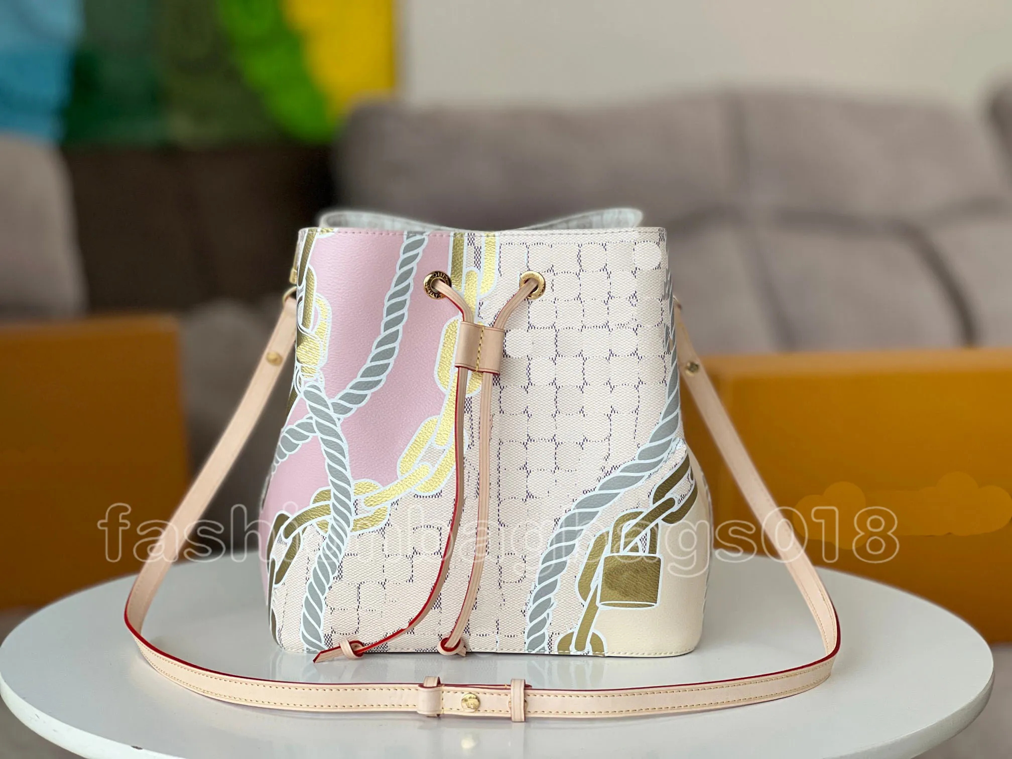 Nautical Neonoe MM Bucket Bag N40474 Summer Damier Azur Canvas Drawstring Bag Luxurys Designer Navigational Ropes and Chains Shoulder Bag Leather