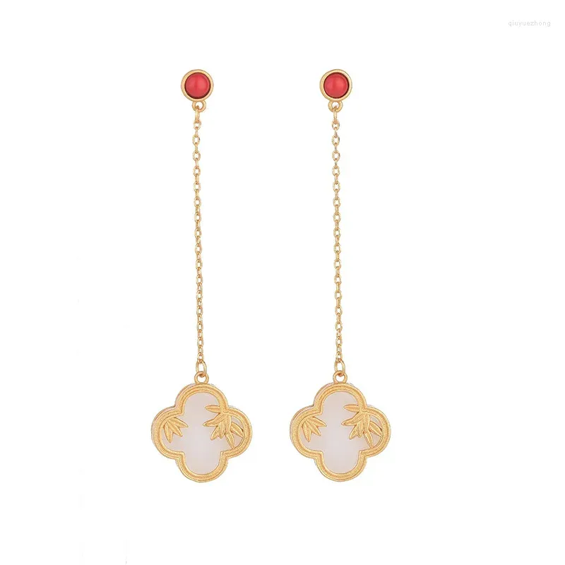 Boucles d'oreilles pendantes en jade blanc et bambou, cadeaux en argent 925 pour femmes, bijoux en pierres précieuses de jadéite, amulettes de mode, charme naturel chinois, vrais talismans