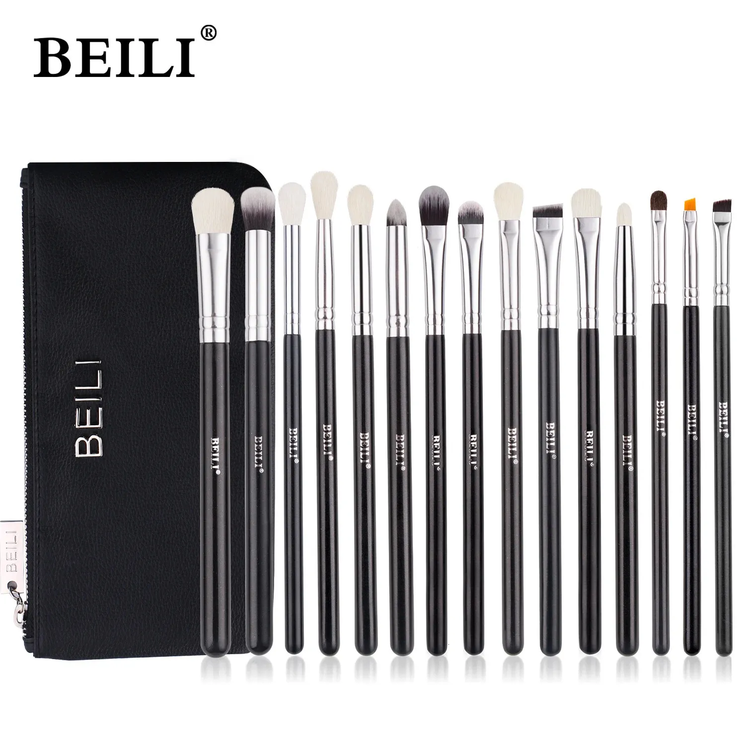 Pennelli per trucco BEILI Pennelli per trucco neri 15 pezzi Pelo di capra sopracciglio Ombretto Eyeliner Set di pennelli per sfumare con borsa Professionale di alta qualità 231031