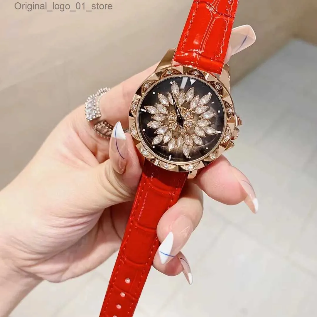 Women s Watches Xmas Gifts Crystals Snowflake Spinning es for Women Korean Candy Colors Real Leather es Quartz Waterproof Wrist Q231101