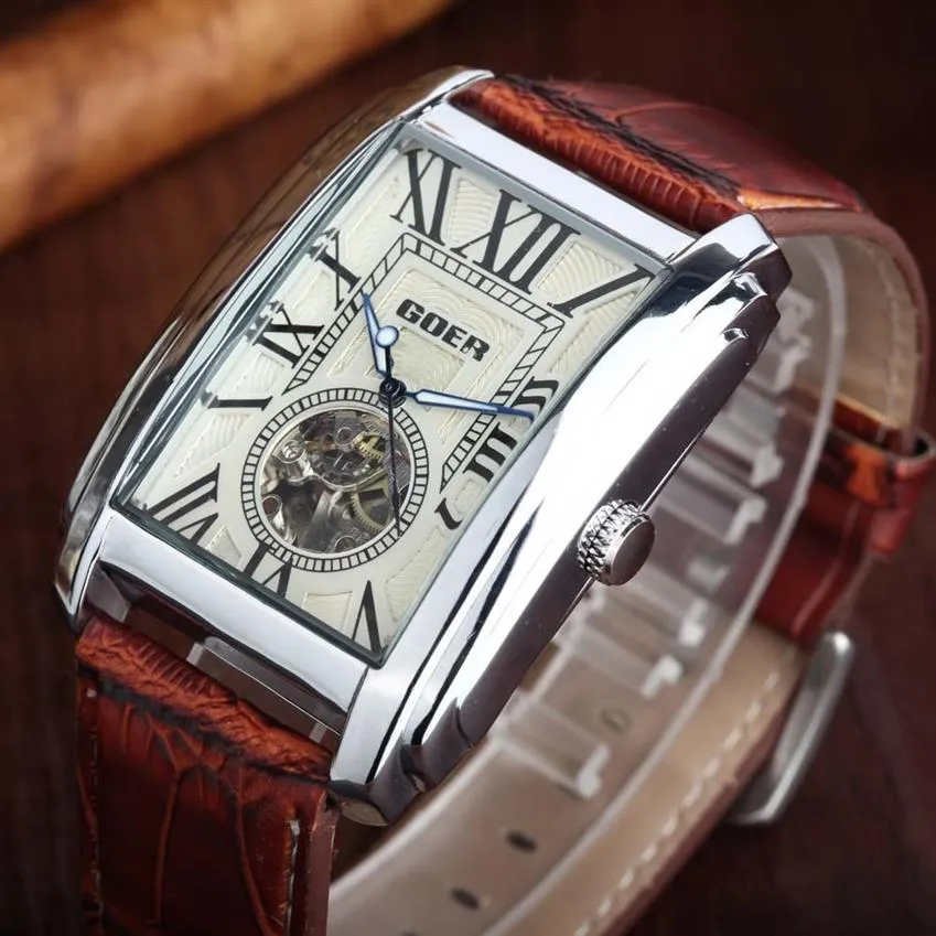 Goer Relogio Masculino Top Brand Luksusowe szkielet zegarki Men skórzany opaska prostokąta automatyczna mechaniczna nadgarstka dla mężczyzn J19278T