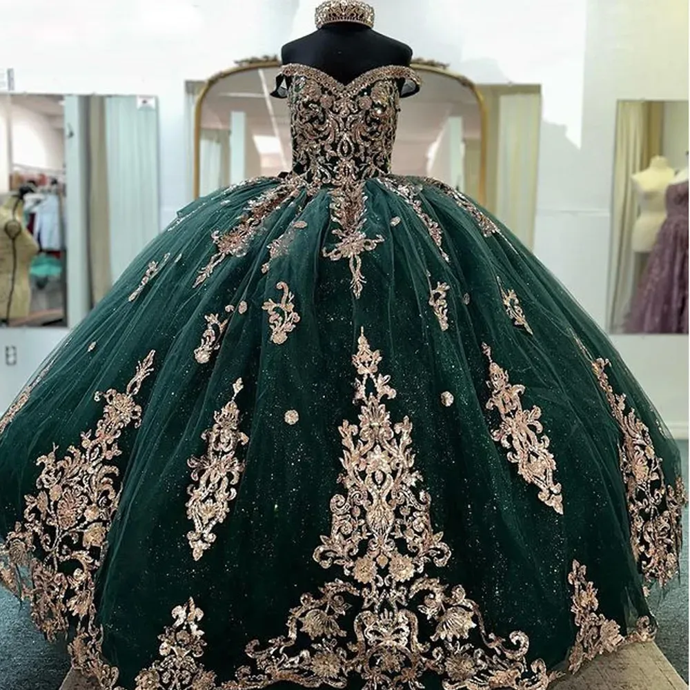 Emerald Green Quince Dress Lace Off Shoulder Tulle Ball Gowns – alinanova