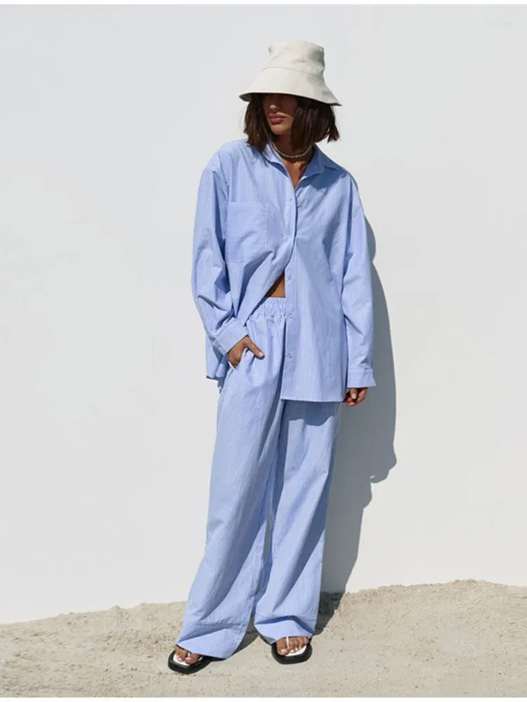 Zweiteilige Hosen für Damen, modische blaue Streifen-Sets, lässiges Langarm-Shirt und weites Bein-Outfits, 2023, weibliche Oversize-Lounge-Anzüge