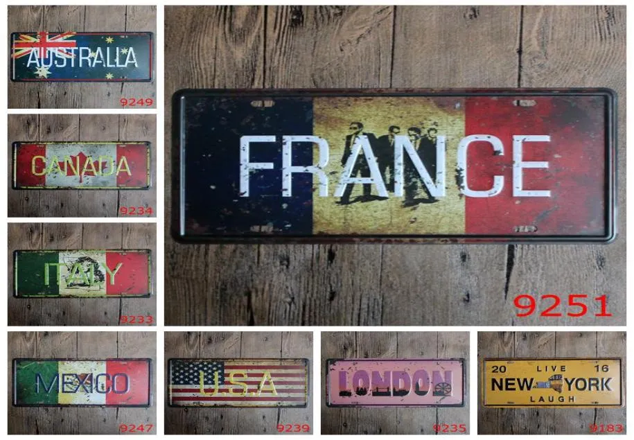 Frankrijk VS New York Londen Canada Mexico Italië Australië Auto metalen nummerplaat Vintage Decor Tin Sign Bar Pub Cafe Garage Metal 4843171