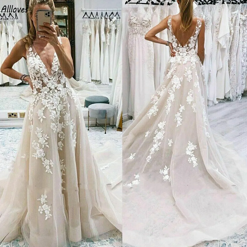 Hippie Country Boho Pizzo floreale A Line Abiti da sposa per le donne Scollo a V Backless Sexy Gwons da sposa Gonna lunga in tulle Plus Size Abiti da sposa De Novia CL2866