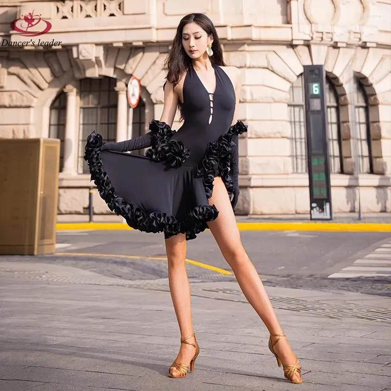 Stage Wear Latin Dance Autumn/Winter Style Temperament Dress With Wave Lace Samba Rumba Female Adult Professional Apparel