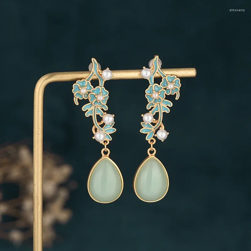 Dangle Oorbellen Groene Jade Bloem Echt 925 Zilveren Amuletten Accessoires Natuurlijke Geschenken Vrouwen Sieraden Oorstekers Steen Vintage Mode