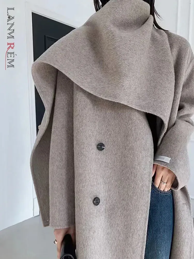 Mezclas de lana para mujer LANMREM 2023 Primavera e invierno Chal Bufanda Collar Cruzado Color sólido Abrigos con cinturón de lana de doble cara 2R4921 231031