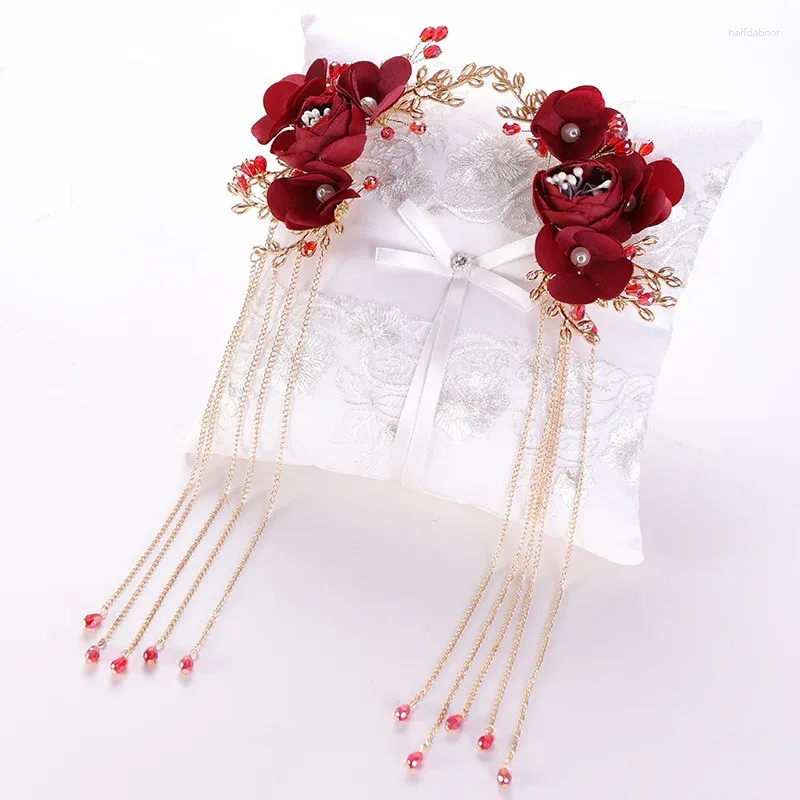 Hårklipp 1Pair Chinese Red Flower Long Tassel Crystal Pins Wedding Tiara Headpiece Accessories Party Jewelry