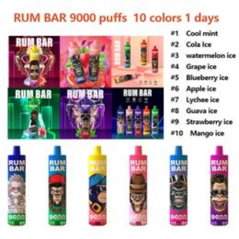 Cigarettes électroniques originales 100% barre de rhum 9000 bouffées 650mah 18ml dispositif prérempli vape jetable autorisé 10 couleurs en stock