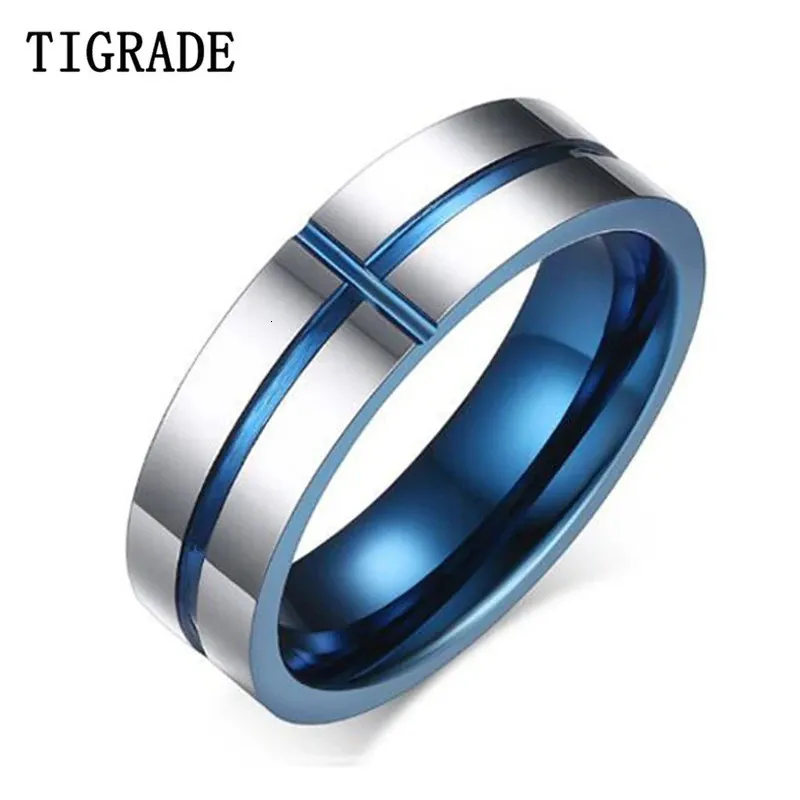 Wedding Rings Tigrade Trendy 6mm Blue Inside Ring Men Tungsten Carbide Cross Tank Silver Color Polished Wedding Party Rings anel masculino 231031