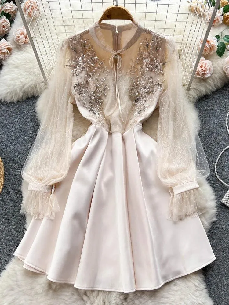 Casual Dresses Women Beaded Vintage Dress Fashion High Waist Patchwork Gauze Elegant Ladies A Line Spring Autumn Apricot Robe Vestidos