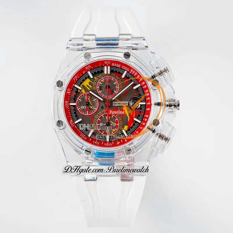 APF 44mm Aet Remould A3126 Automatic Chronograph Mens Watch Transparent Composite Material Case Red Dial White Rubber Strap Super Version Reloj Hombre Puretime D4