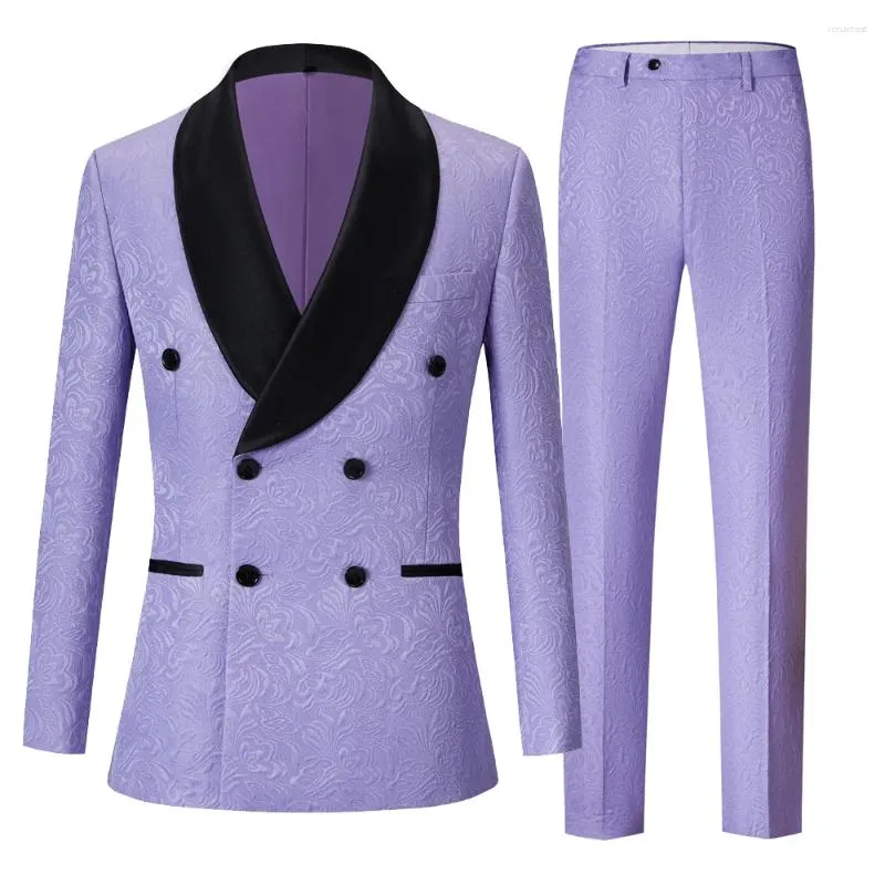 Men's Suits Double Breasted Men Light Purple Print Groom Tuxedos Shawl Lapel Groomsmen 2 Pieces Set (Jacket Pants Bow Tie) D449