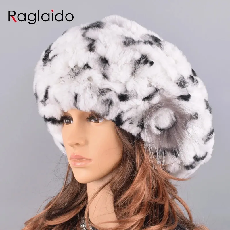 Berets Berets caps for women winter rabbit fur hat causal warm knitted caps for girls female fashion outdoor large ladies volume hats 231031