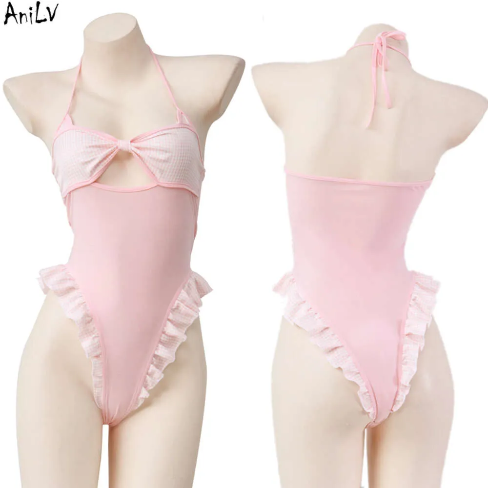 Ani Kawaii Girl Anime Bow Hollow One-piece Swimstuit Unifrom Women Pink Bodysuit Swimwear Ruffles Pamas Costumes Cosplay cosplay