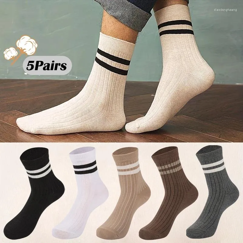 Men's Socks 5Pairs Versatile Mid-calf College Style Classic Two-bar Sokken Autumn Winter Cotton Breathable Stripe Mid-tube