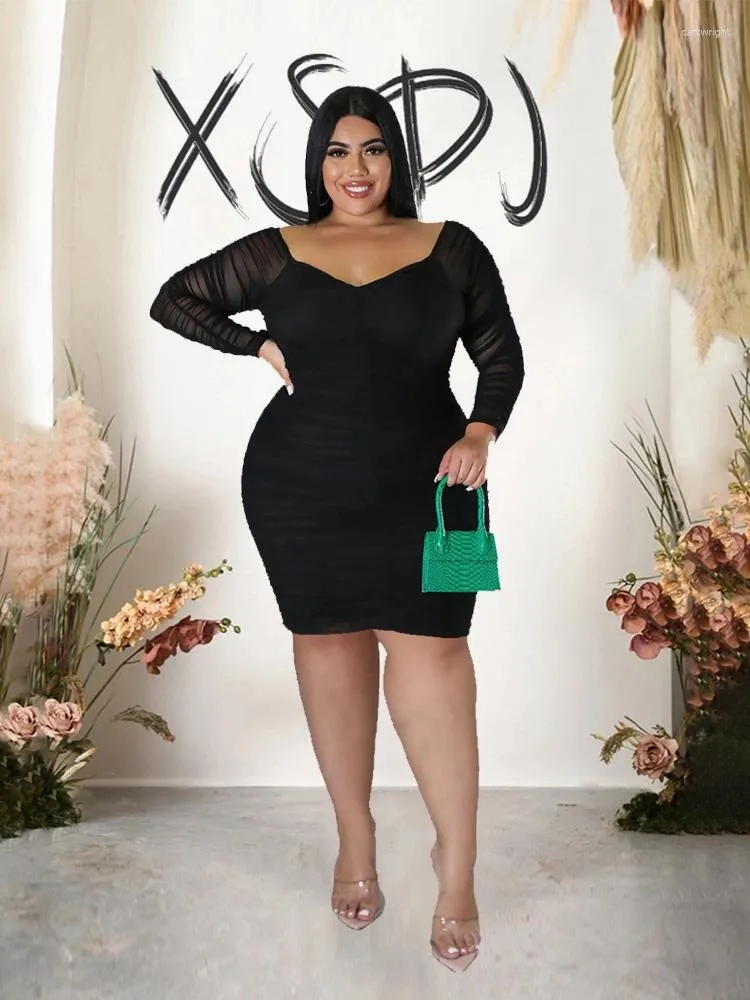 Plus size jurken korte en elegante feestjurk met lange mouwen en mesh doorzichtige sexy huiddichte groothandel drop