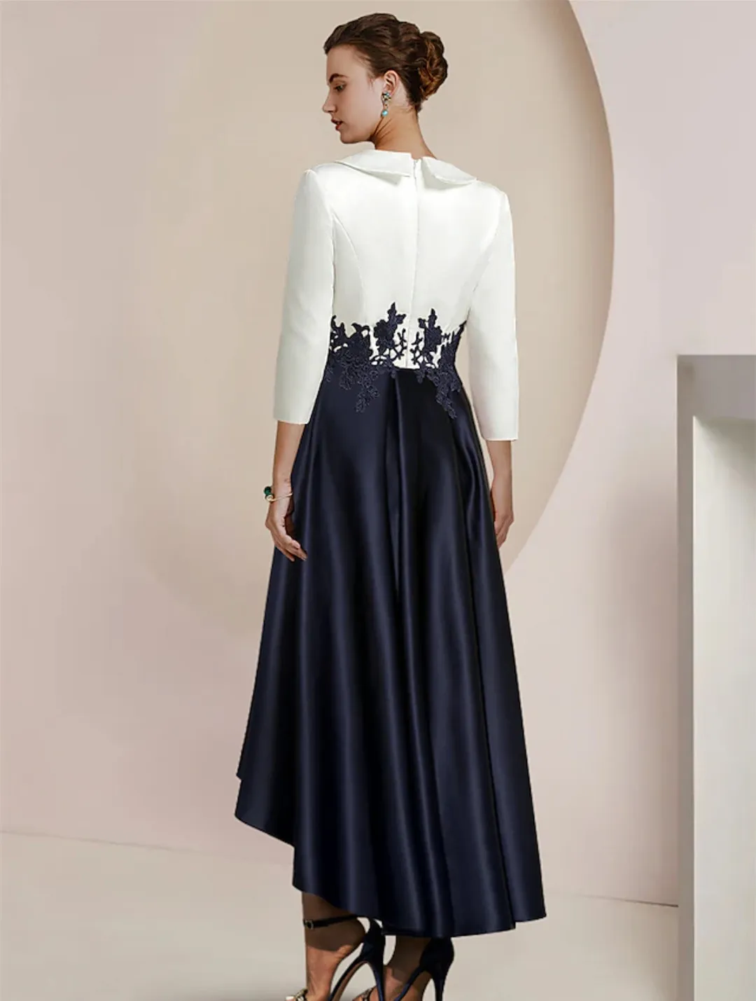 asymmetrical mother of the bride dresses Zapakasa Women Royal Blue Chiffon Asymmetrical Mother of the Bride Dress  with 3D Flowers V-Neck Ruched Long Sleeves Wedding Guest Dress main image 0