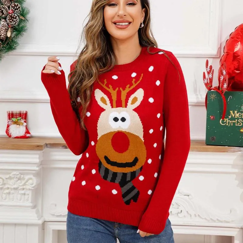 Women's Sweaters Autumn Winter Christmas Sweater Warm Long Sleeves Crew Collar Knitted Reindeer Print Pullover Cartoon