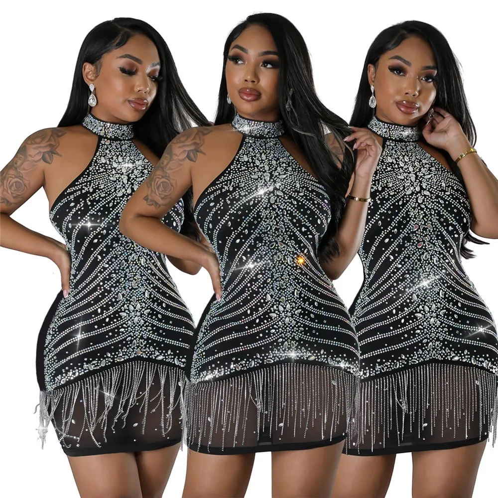 Designer Sexy Strass Diamanten Jurken Dames Luxe Mouwloze Sheer Bodycon Mini-jurk Avond Nacht Feestclub Jurk Clubwear Groothandel Kleding 10325