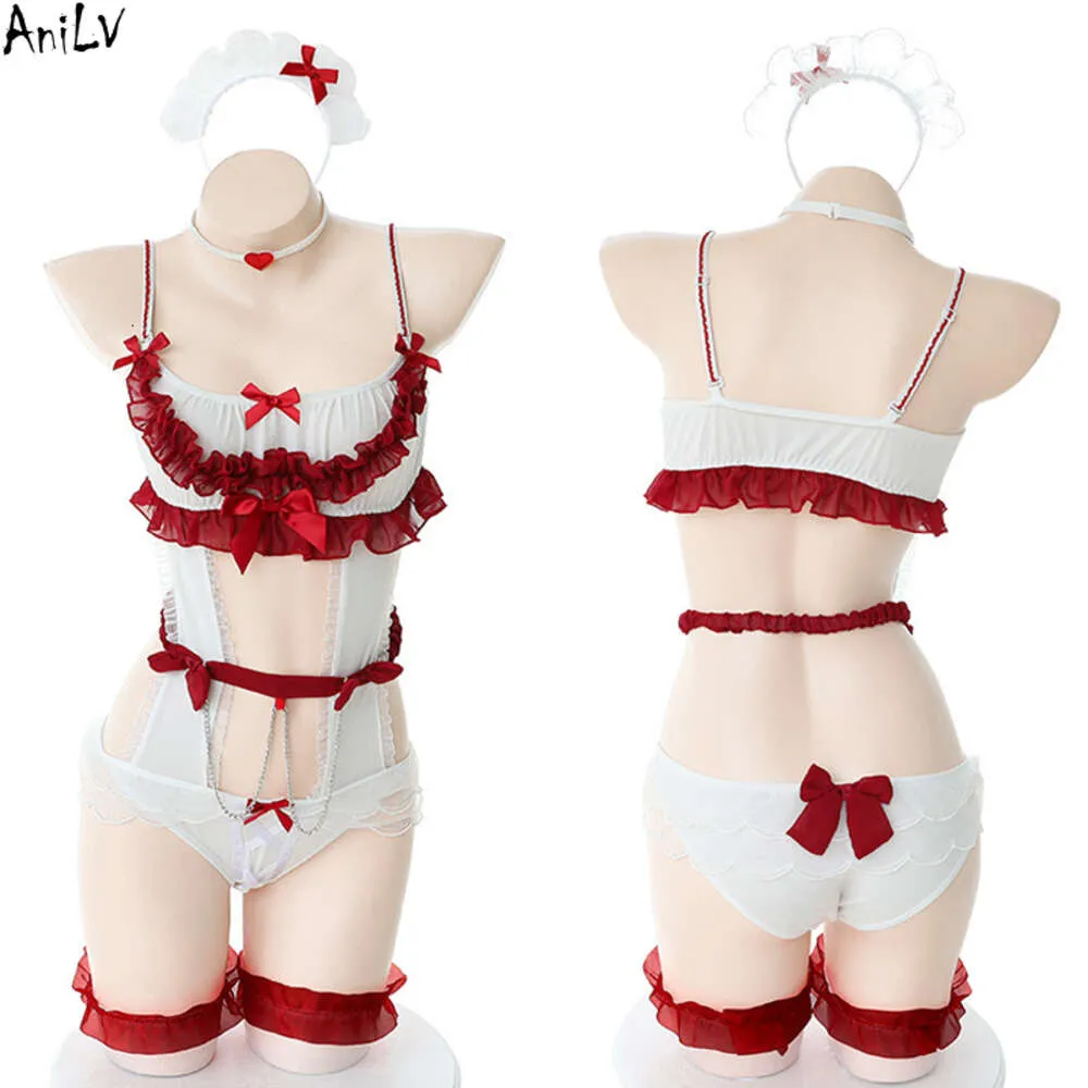 Animie dziewczyna lolita bodysuit mundur kostium kąpielowy Kobiety Kobiety seksowne słodkie czerwone łuk bieliznę Pamas Lingerie strój cosplay