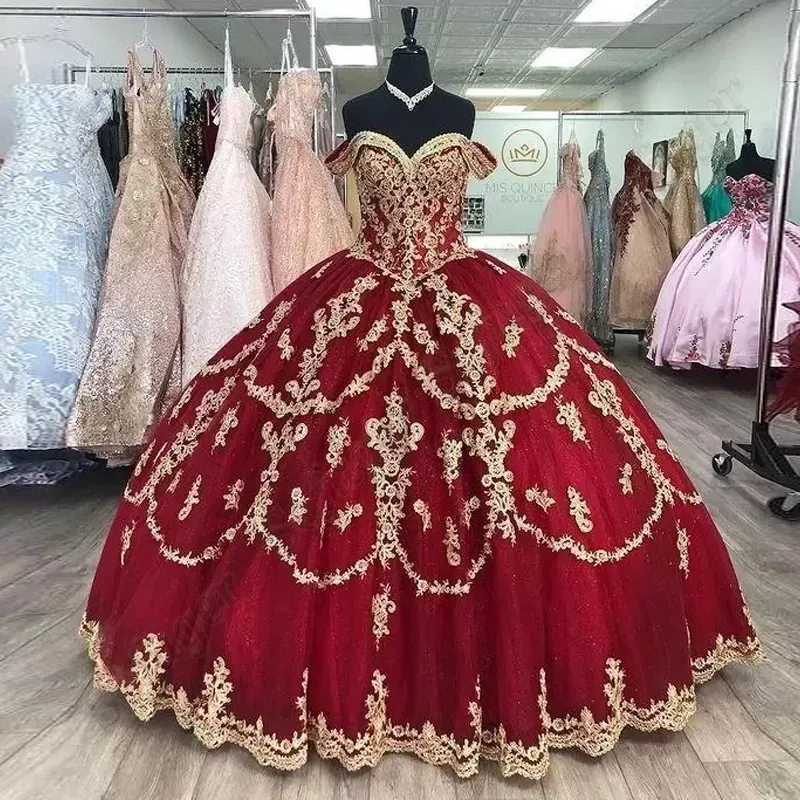 Burgundy Quinceanera Dress Gold Sequins, Lace Applique, Corset