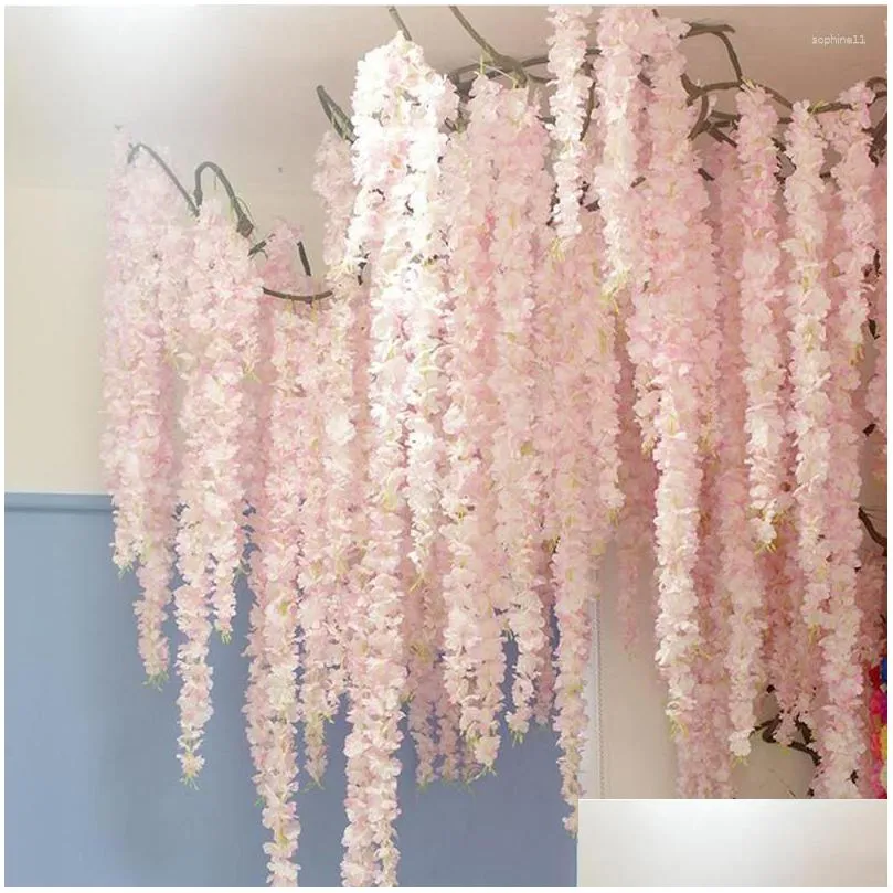 Decorative Flowers Wreaths Decorative Flowers 30Cm Artificial Cherry Blossom Vine Silk For Party Wedding Ceiling Decor Fake Garland Dhi8Y