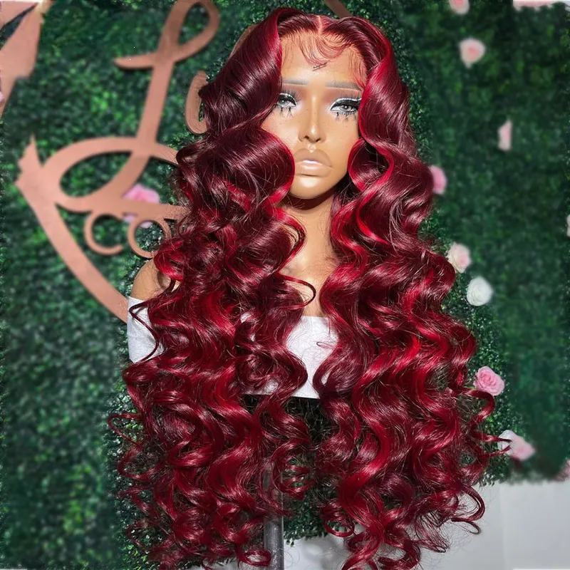 Braziliaans hoogtepunt Red Loose Deep Wave Lace Front Haren Haarpruik 99 Rood 13x4 Lace Frontale pruik Pre Pluck HD Transparante synthetische kanten pruik