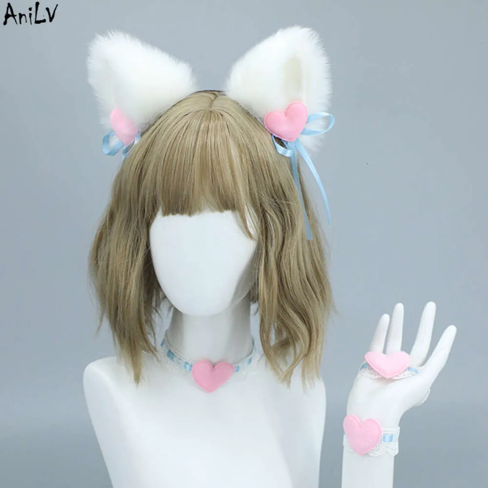 Ani Anime Kawaii Girl Cute Cat Heart Love Headband Bracelet Women Animal Ears Plush Maid Headwear Cosplay cosplay