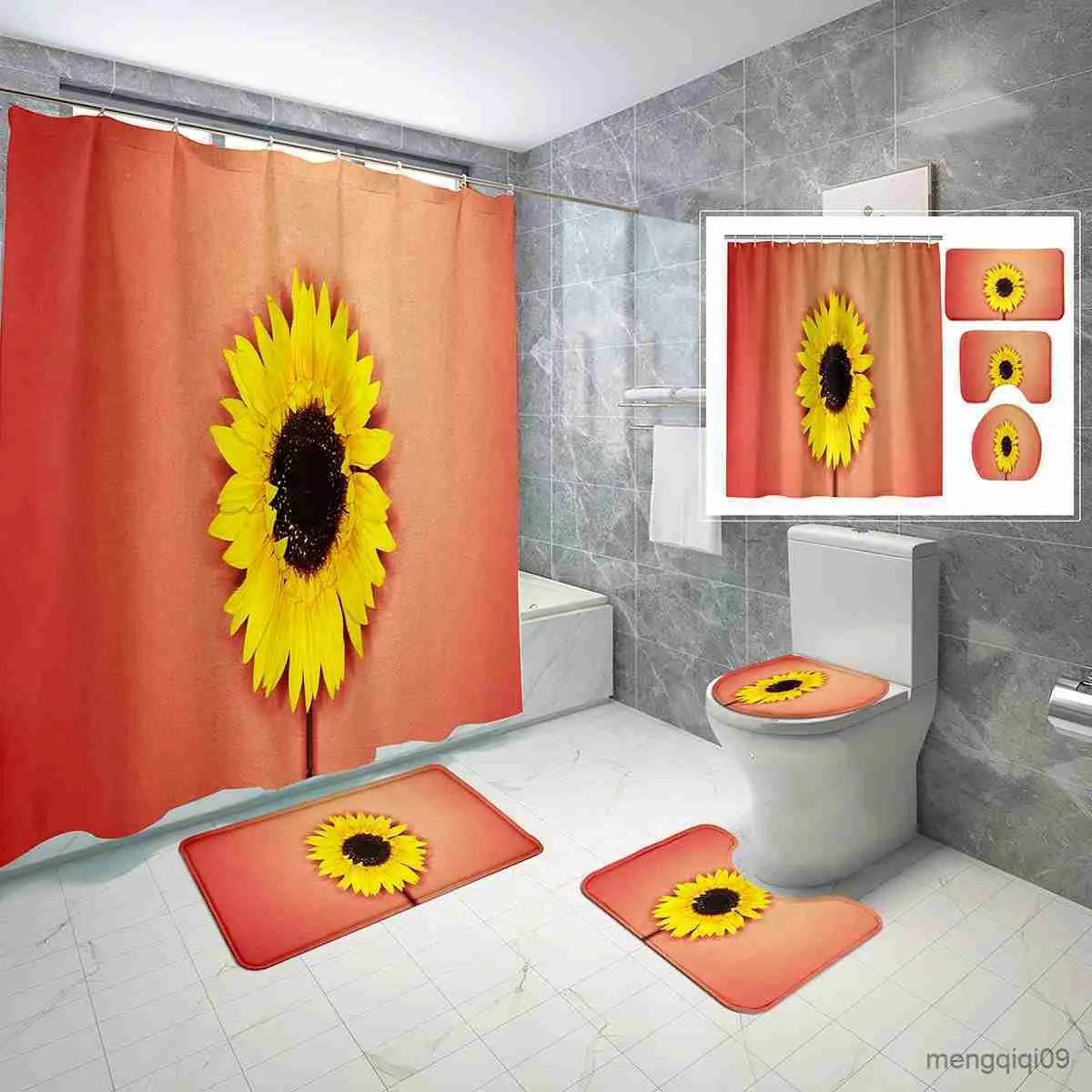 Shower Curtains Oil Painting Sunflower Shower Curtain Sets Pcs Nature Flowers Non-slip Bath Mat Waterproof Shower Curtain Sets R231101