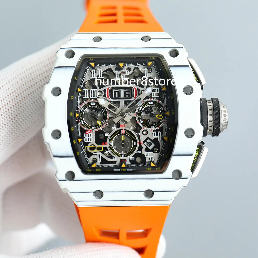 RM11-03 Reloj para hombre con cronógrafo Flyback automático de carbono blanco Relojes deportivos de lujo Esfera esquelética Reloj de pulsera Tonneau suizo Cristal de zafiro resistente al agua
