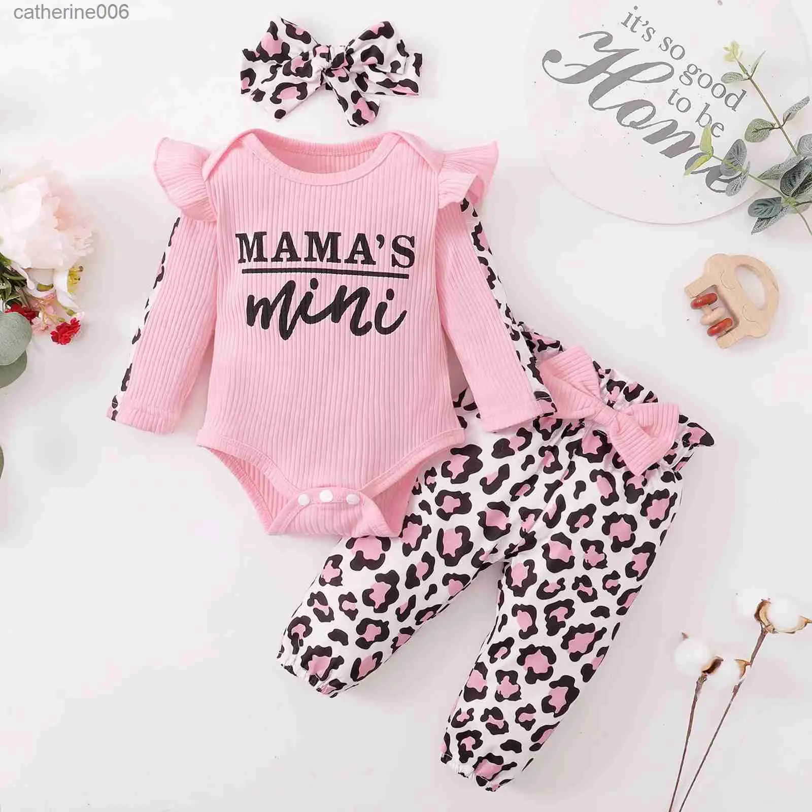 Macacões 3 Pcs Roupas Recém-nascidas Bebê Menina Roupas Conjuntos Infantil Outfit Ruffles Romper Top Bow Leopard Calças New Born Criança ClothingL231101