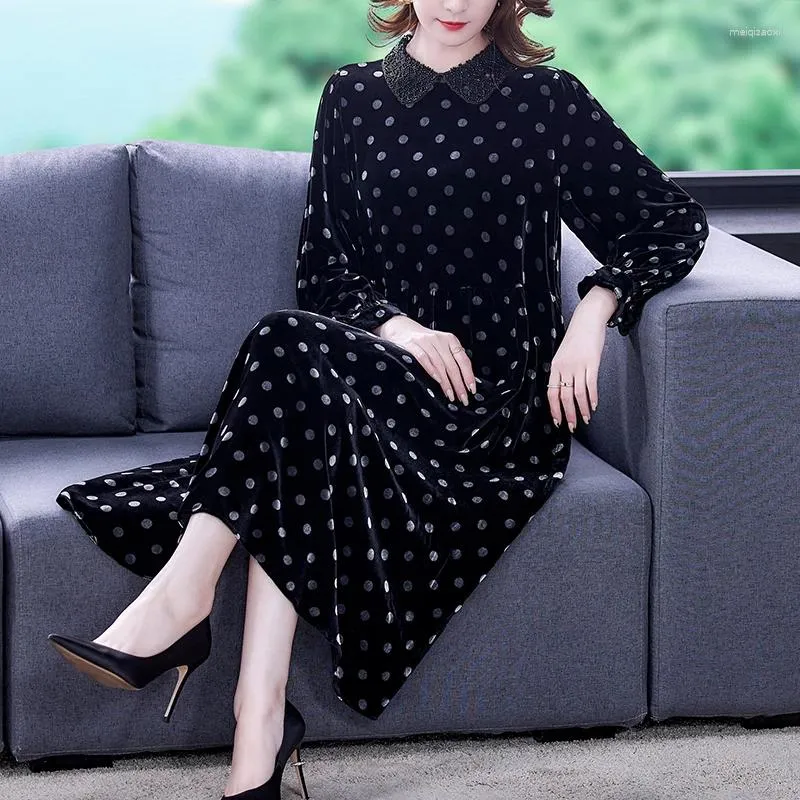 Casual Dresses Autumn Winter Black Elegant Gold Velvet Dress Women Korean Vintage Loose Polka Dot Midi 2023 BodyCon Party Vestidos