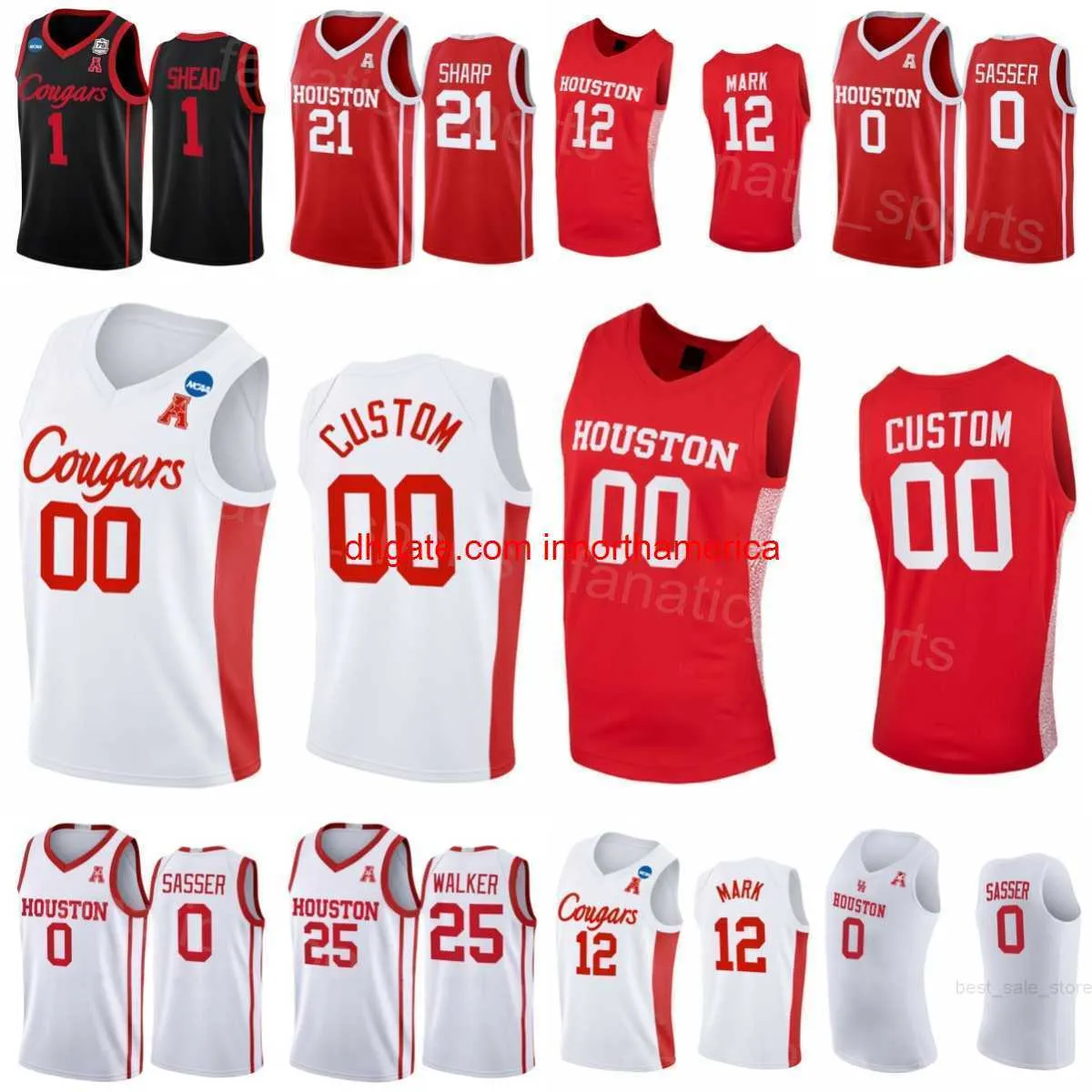 Cougars College 25 Jarace Walker Jerseys Basketball 13 Jwan Roberts 12 Tramon Mark 1 Джамал Шид 21 Эмануэль Шарп 0 Маркус Сассер Черный красный NCAA Мужчины дети женщины