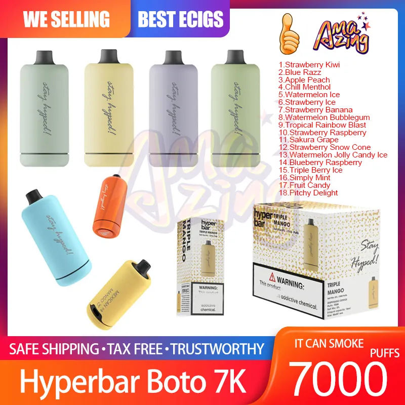 Sigarette elettroniche originali Hyperbar Boto 7000 Puff monouso con penna Vape 16 ml Pod Mesh Coil 6 colori luminosi Dispositivo ricaricabile regolabile in aria Puff 7k Vape