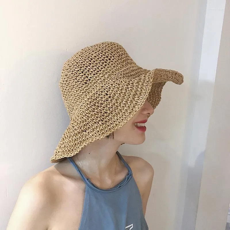 Szerokie brzegowe czapki proste dziewczyna Raffii Sun Hat Foppy Summer For Women Beach Panama Słomka Dome Busket Femme Hatwide