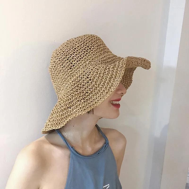 Brede rand hoeden Simple Girl Raffia Sun Hat Floppy Summer for Women Beach Panama Straw Dome Emmer Femme Shade Hatwide