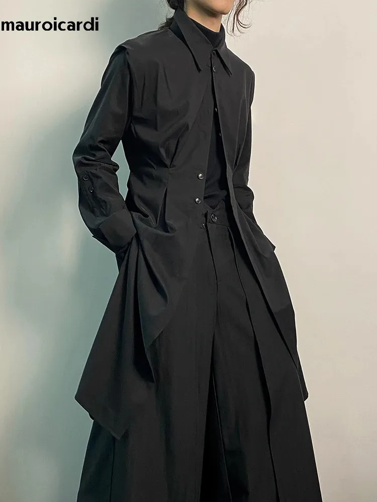 Herr ull blandar Mauroicardi Spring Autumn Long Black Fitted Shirt Coats For Men Luxury Designer Dark Academia Estetic Vintage Clothes 231031