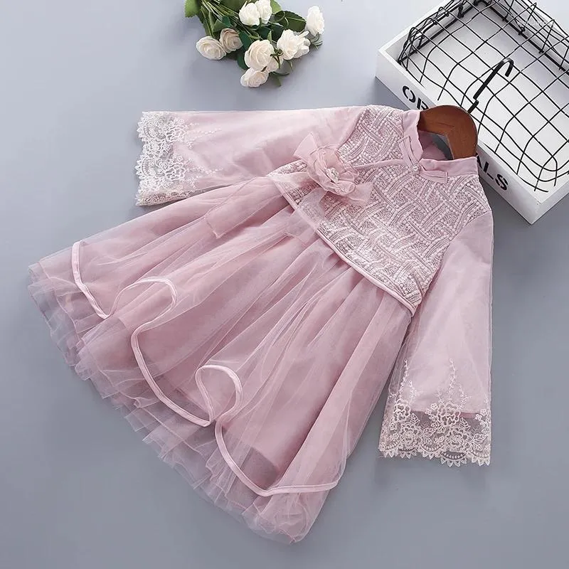 Flickaklänningar 3-7 år högkvalitativ vårklänning 2023 Chiffon Flower Draped Ruched Kid Children Clothing Princess
