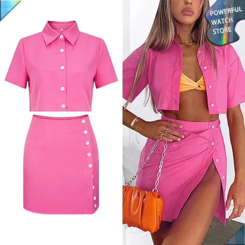 Work Dresses 2023 Sensual Sexy Pink Short Sleeve Polo Neck Shirt Top Suit Summer Button Wrap Hip Half Dress Party Nightclub Mini 2pcs Set