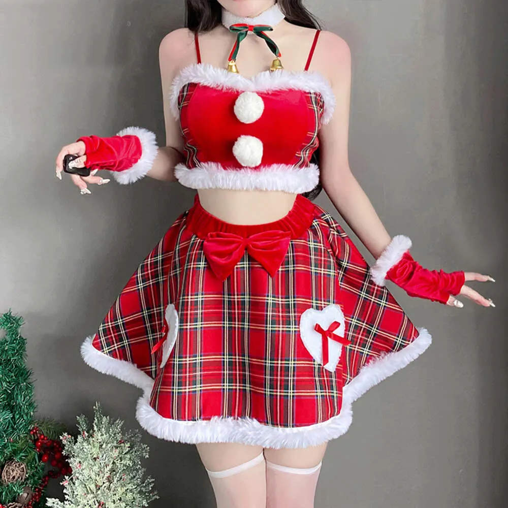 Ani Student Plaid Santa Claus Uniform Cosplay Christmas Women Fluffy Ball Crop Top Skirt Gloves Outfits Costumes cosplay
